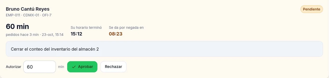 Una solicitud de tiempo extra pendiente en la bandeja de Capital Humano.
