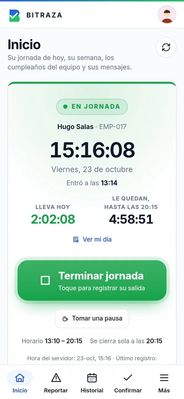 El reloj de quien trabaja, en jornada, con el tiempo que lleva y el que le queda.