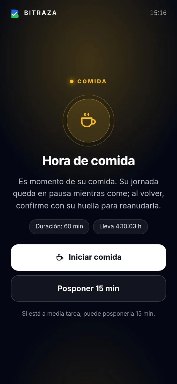 Pantalla de hora de comida, con los botones para iniciarla o posponerla.