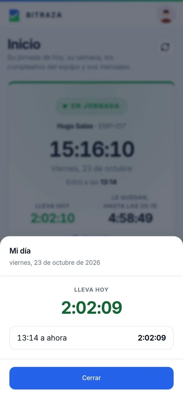 «Mi día»: cada tramo trabajado, su duración y la suma.